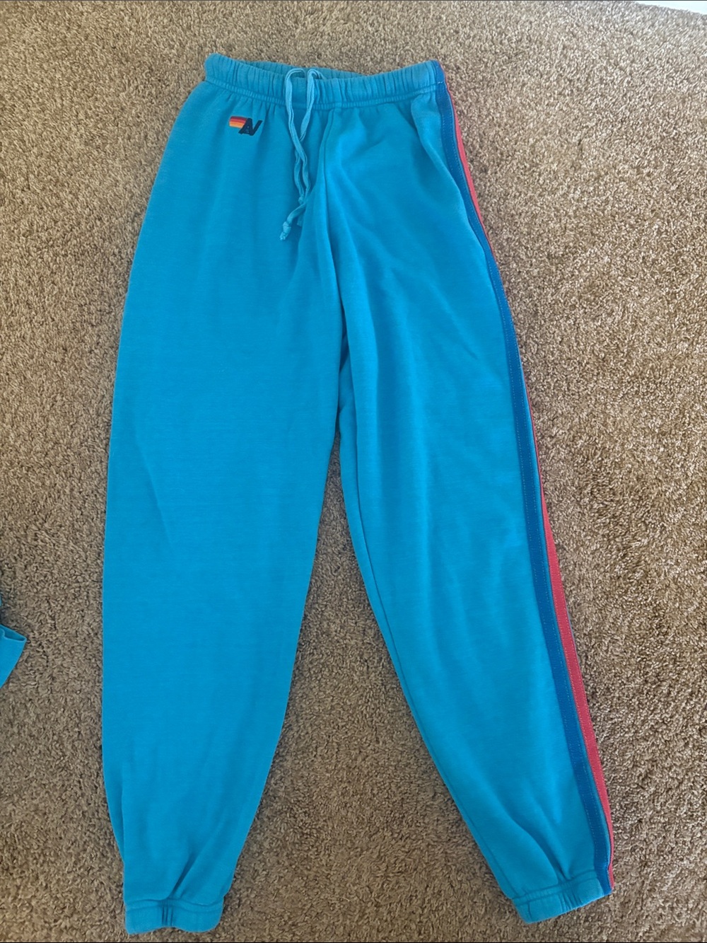 Aviator Nation Turquoise Track Joggers with Rainbow Side Stripes - Picture 3 of 5